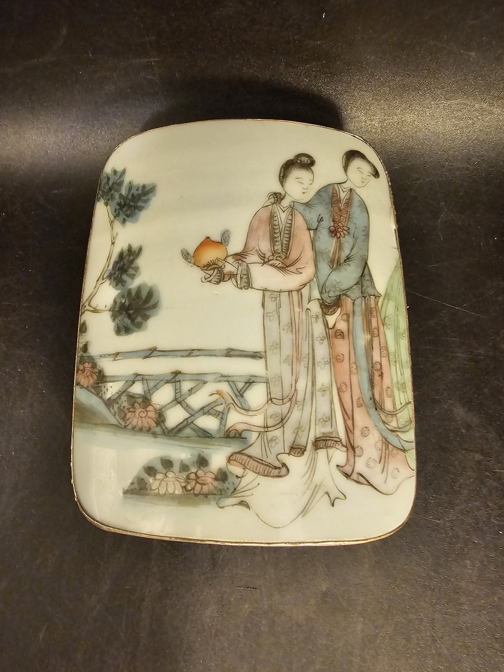 Vintage Celedon Porcelain Hand Painted silver Trinket Box